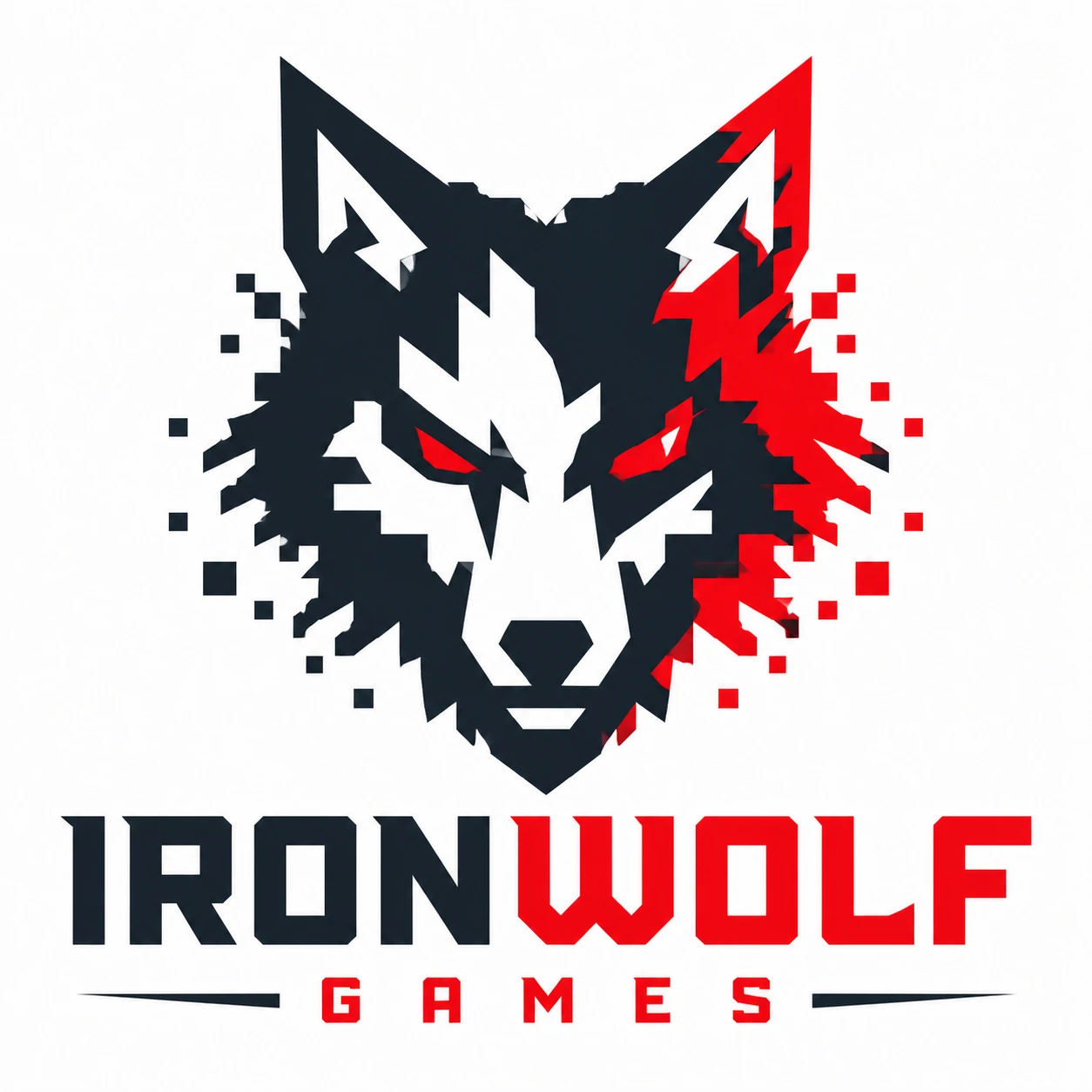 Bold logo for a gaming company "IronWolf Games", stylized wolf head composed of angular pixel shapes, dark charcoal and electric red, white background — GPT Image 2