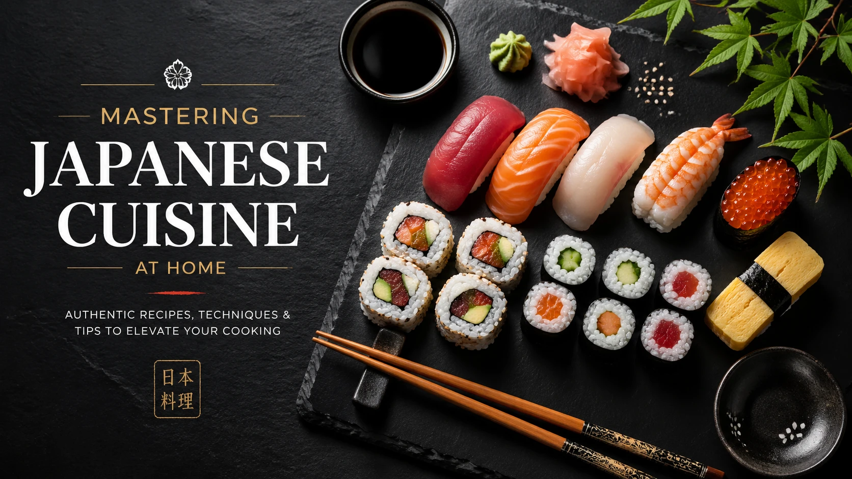 Article cover for "Mastering Japanese Cuisine at Home", overhead shot of beautifully arranged sushi, chopsticks on dark slate, artistic food photograp — GPT Image 2