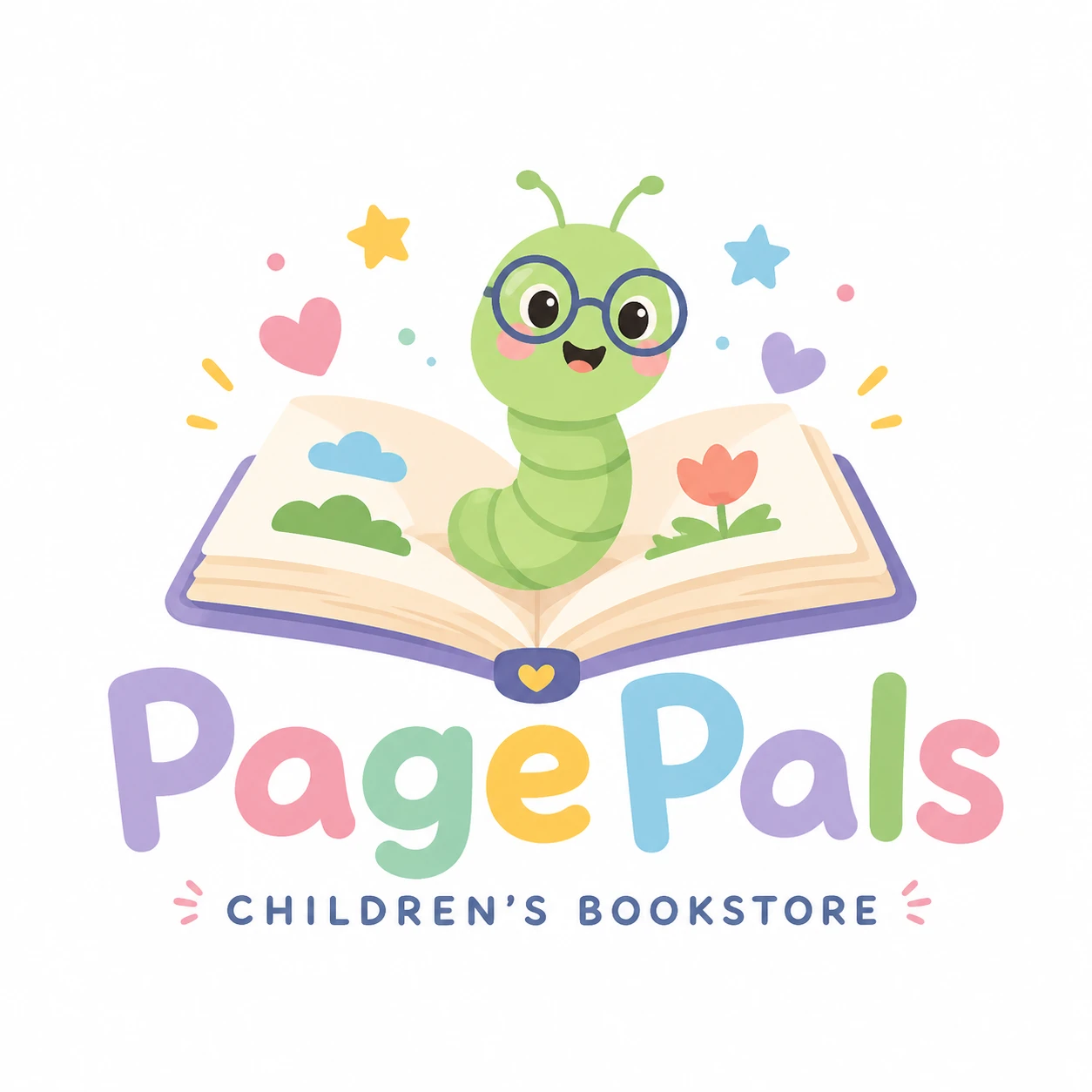 Playful logo for a children's bookstore "PagePals", cute open book with a smiling worm character, soft pastel colors, rounded font, white background — GPT Image 2