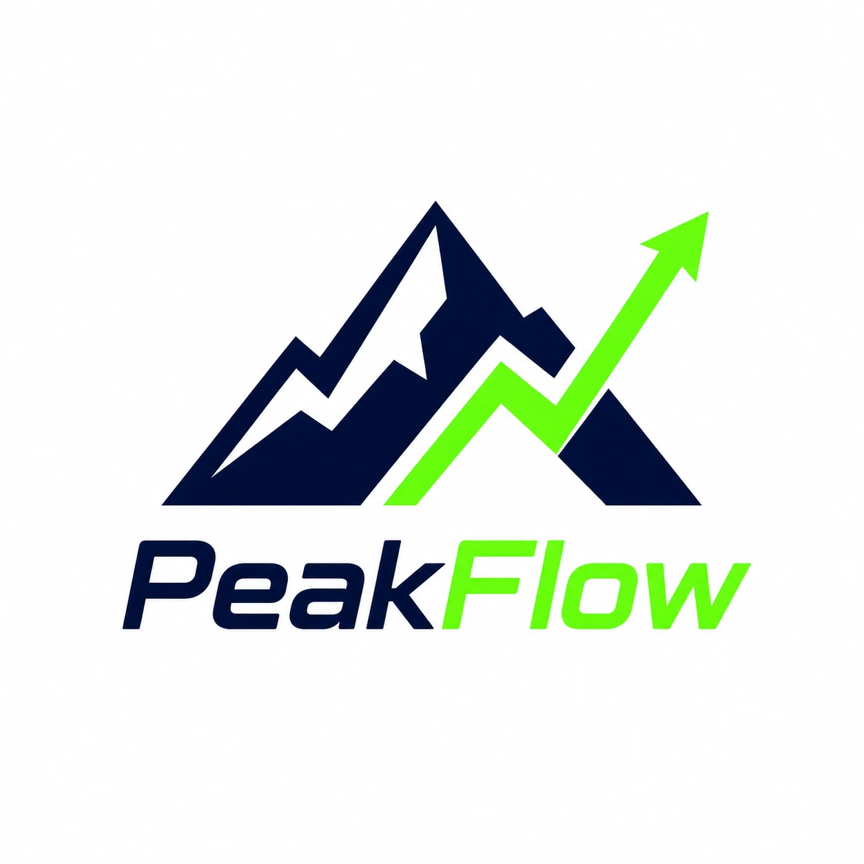 Modern logo for a fitness app "PeakFlow", abstract mountain peak that doubles as an upward graph line, deep navy and neon green, white background — GPT Image 2