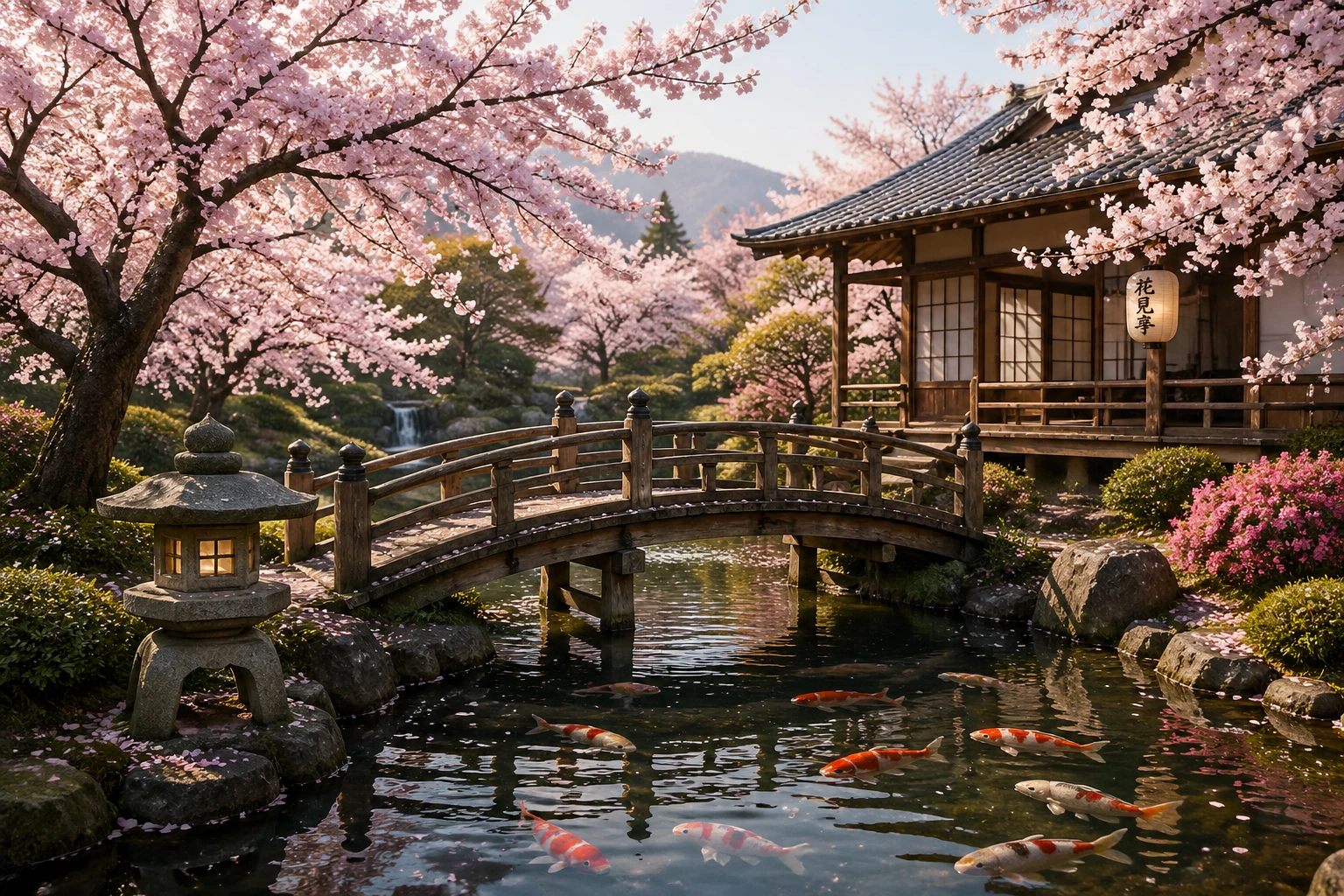 Traditional Japanese cherry blossom garden with wooden bridge over koi pond, soft spring light — GPT Image 2