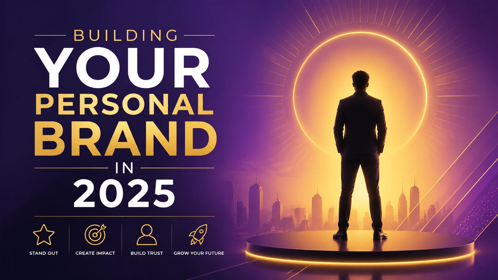 Article cover for "Building Your Personal Brand in 2025", stylized person silhouette radiating a glowing halo, modern gradient design, purple and gold — GPT Image 2