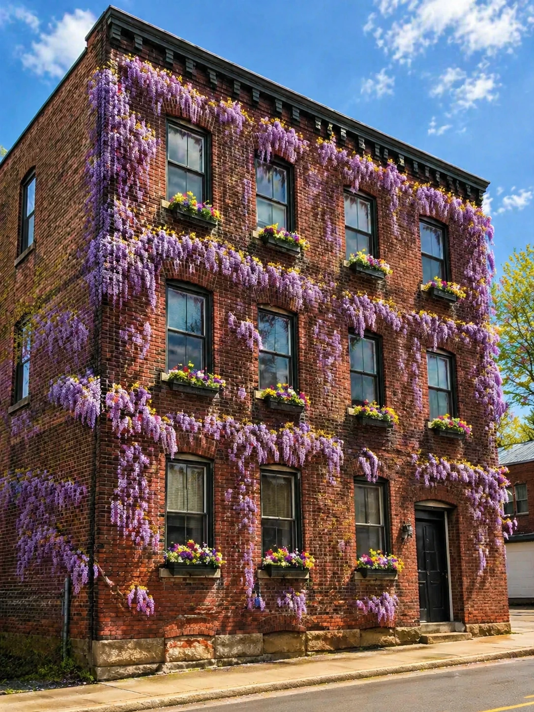 Add blooming wisteria vines covering the facade, transform to a sunny spring day, add window boxes with colorful flowers — GPT Image 2