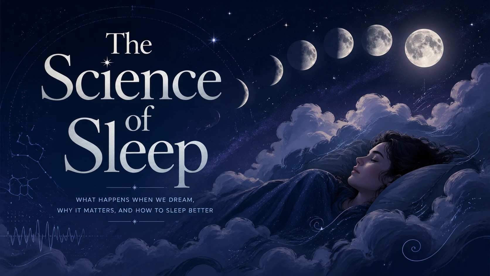 Article cover for "The Science of Sleep", dreamy nighttime illustration with moon phases and soft cloud shapes, deep indigo and silver palette — GPT Image 2