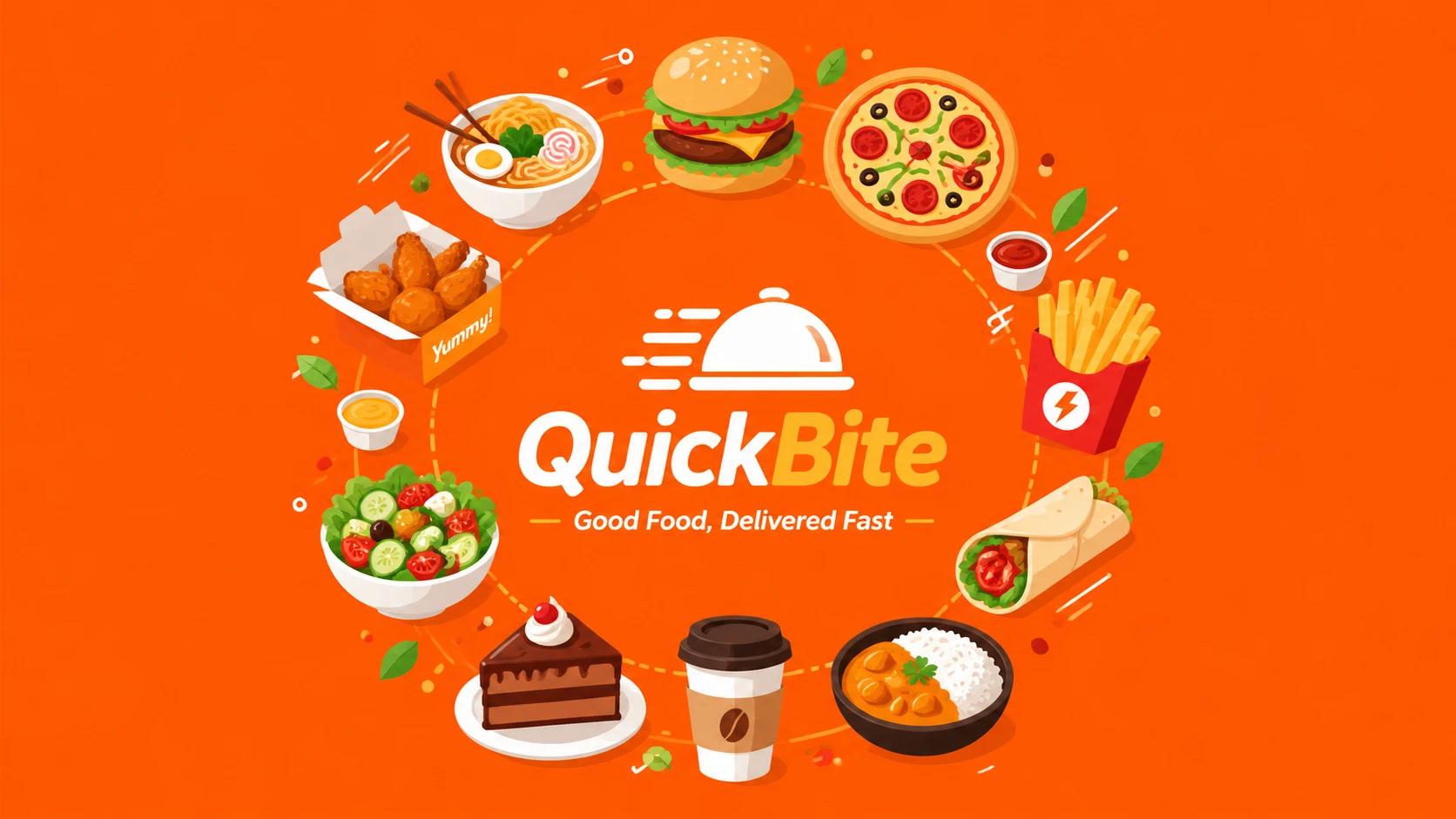 OG image for a food delivery startup "QuickBite", vibrant flat-design illustration of diverse food items arranged in a circle, bright orange brand col — GPT Image 2