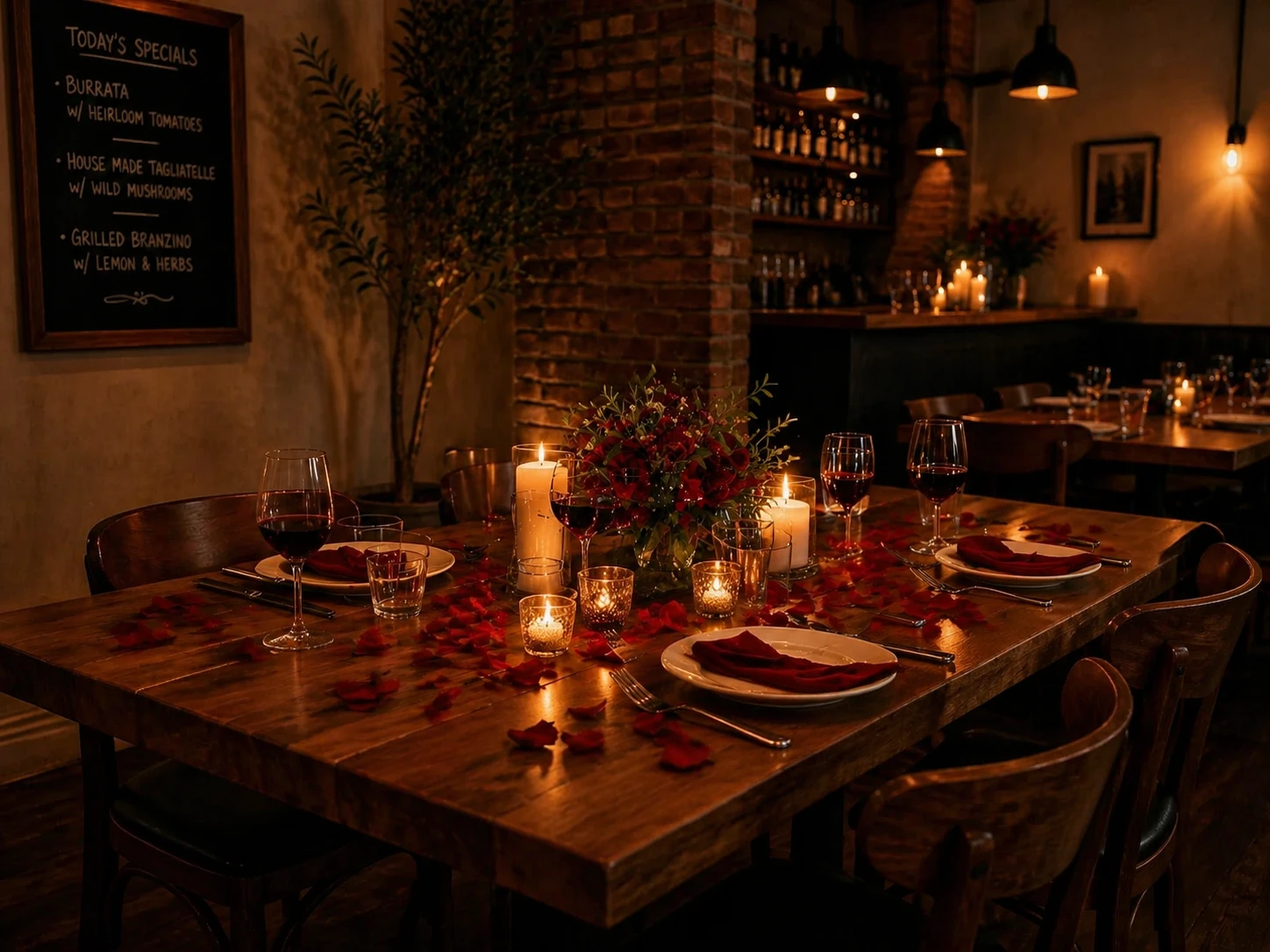 Transform into a romantic candlelit dinner setting, add rose petals, dimmed warm lighting, add a candle centerpiece with fresh flowers — GPT Image 2