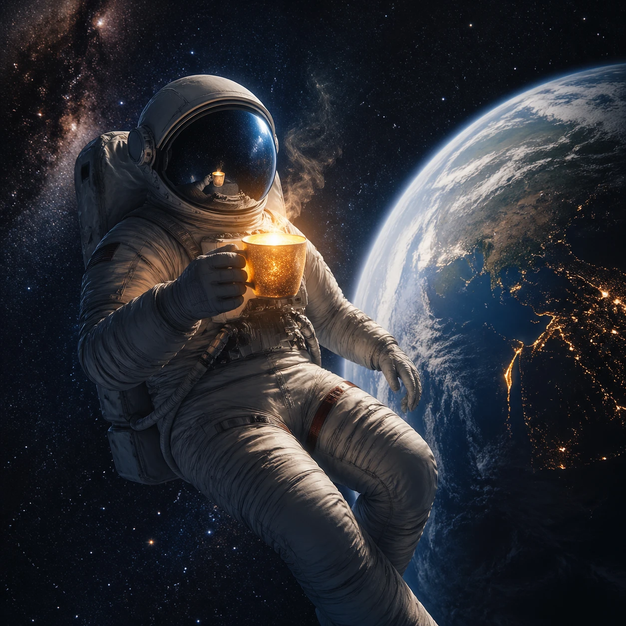 Astronaut floating in space holding a glowing coffee cup, Earth visible in background, surreal fine art — GPT Image 2