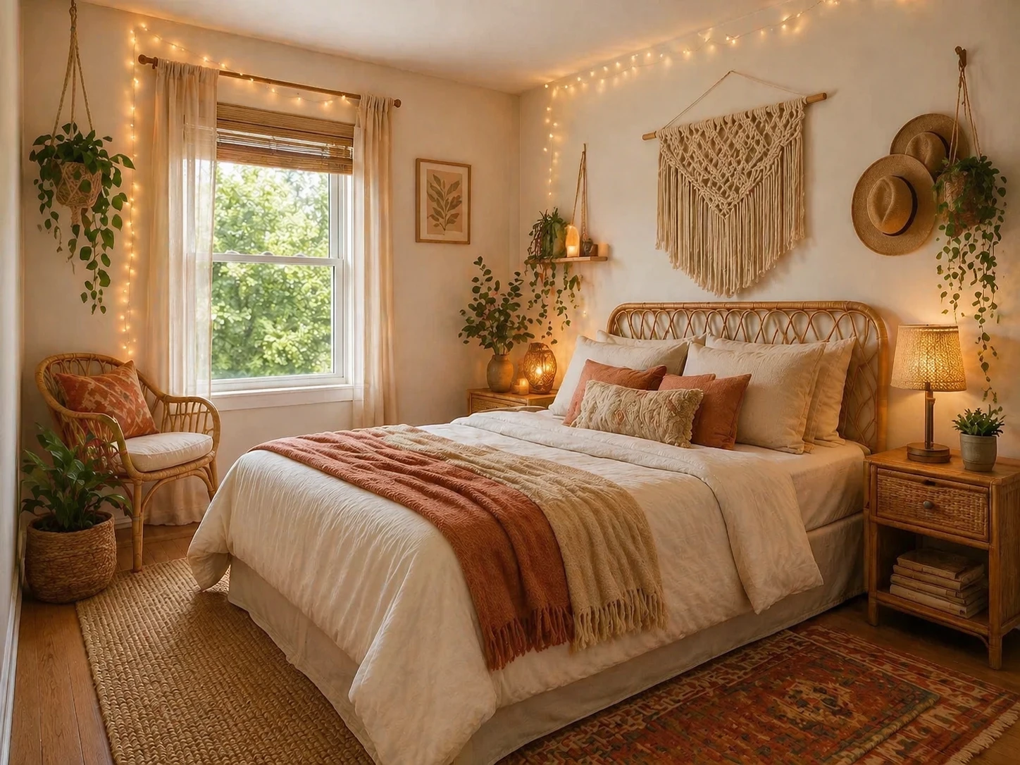 Redesign into a boho-chic bedroom with rattan furniture, macramé wall hangings, warm fairy lights, earthy tones and layered textiles — GPT Image 2