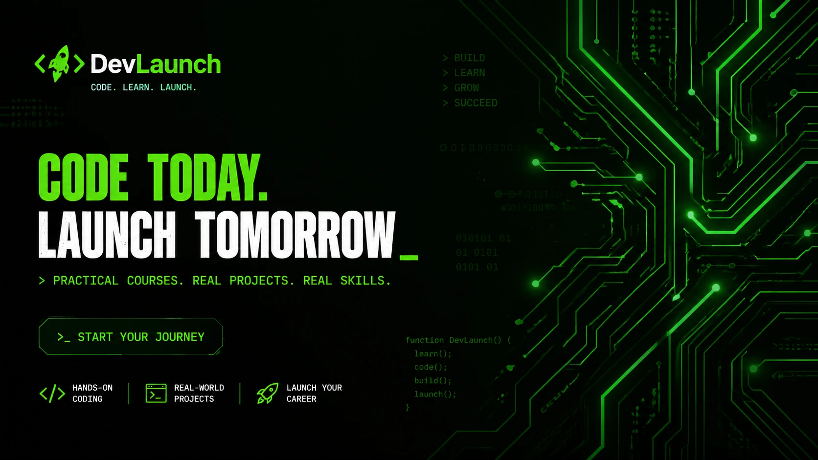 OG image for an online coding course platform "DevLaunch", abstract circuit board pattern in neon green on dark, bold headline space, hacker aesthetic — GPT Image 2
