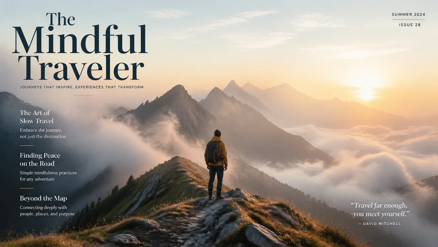 Article cover for "The Mindful Traveler", lone hiker on a misty mountain ridge at sunrise, ethereal atmosphere, travel photography editorial style — GPT Image 2