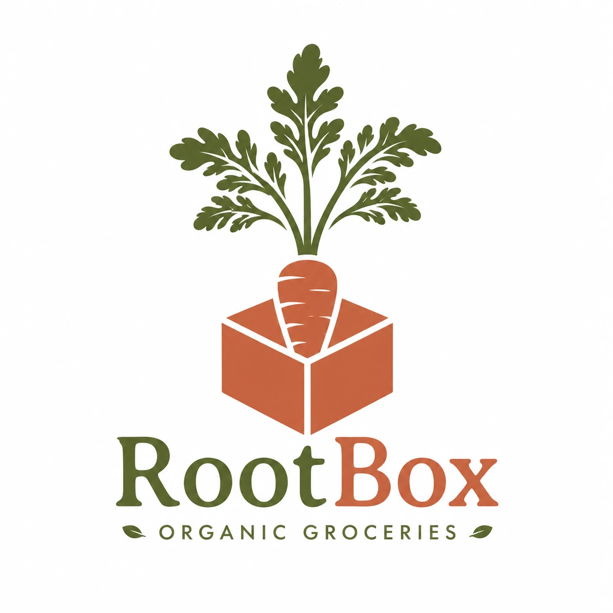 Fresh logo for an organic grocery brand "RootBox", a leafy carrot growing from a box shape, earthy green and terracotta, white background — GPT Image 2