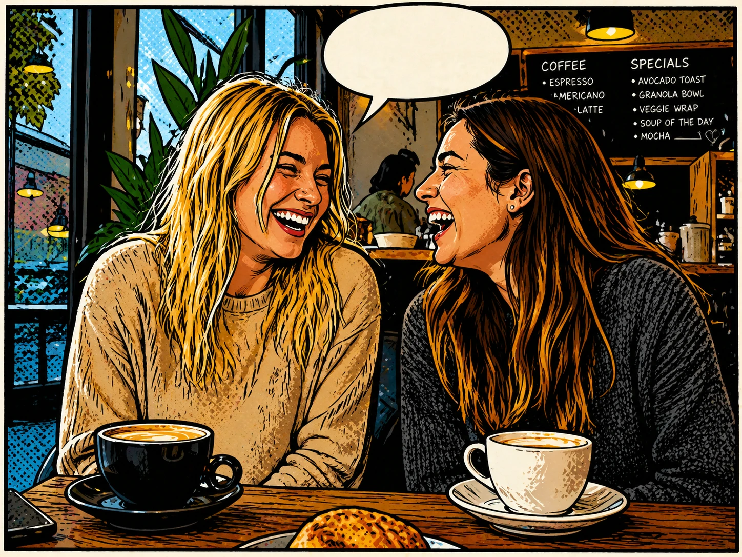transform this photo into a charming comic book illustration with halftone dots, bold outlines, speech bubble space, classic American comic style — GPT Image 2