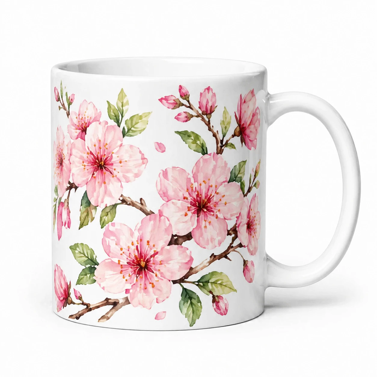 Add a beautiful hand-painted floral pattern of pink cherry blossoms and green leaves to the mug, keep the white background — GPT Image 2