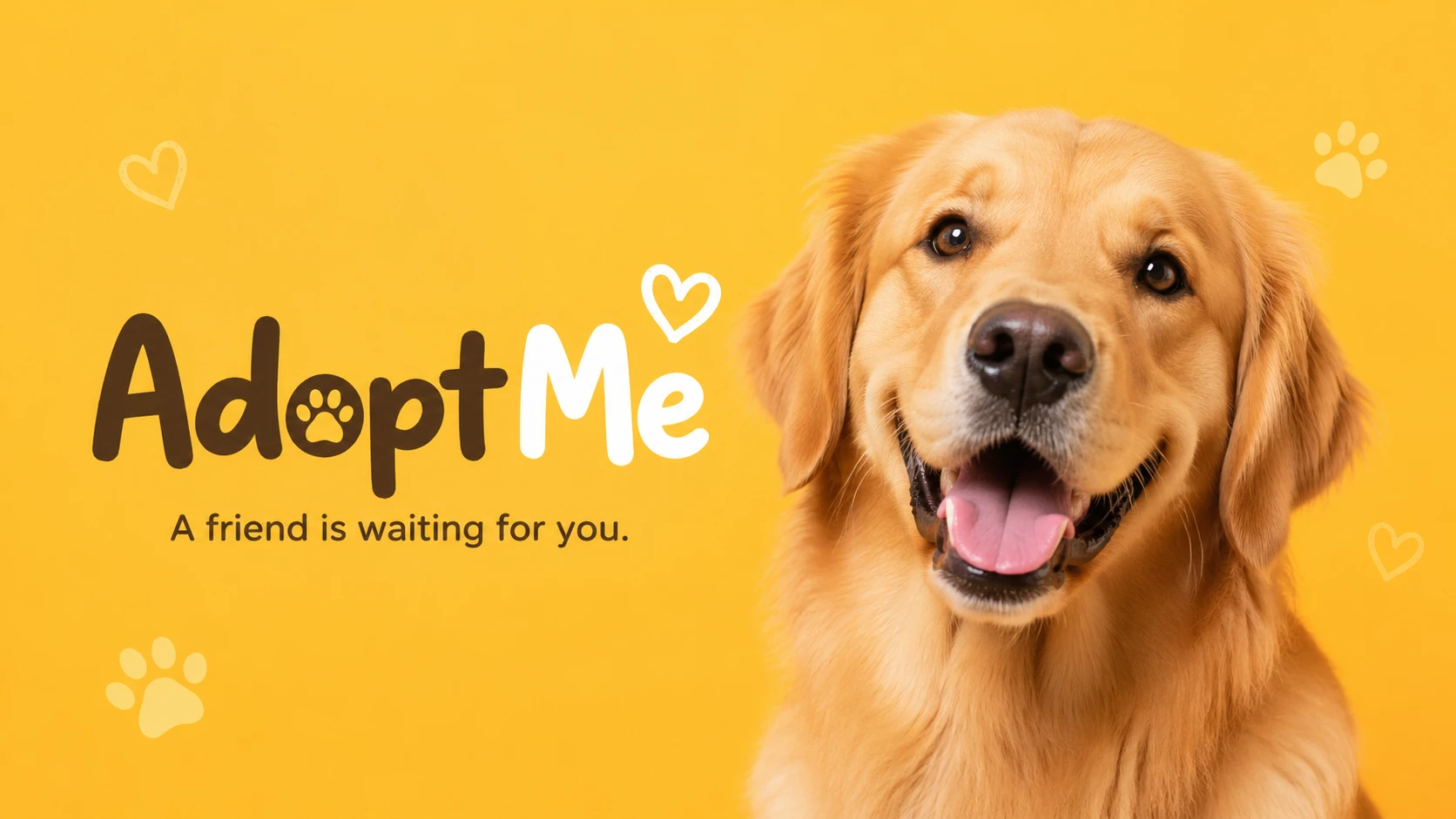OG image for a pet adoption platform "AdoptMe", joyful golden retriever looking at camera against warm yellow background, friendly and heartwarming — GPT Image 2