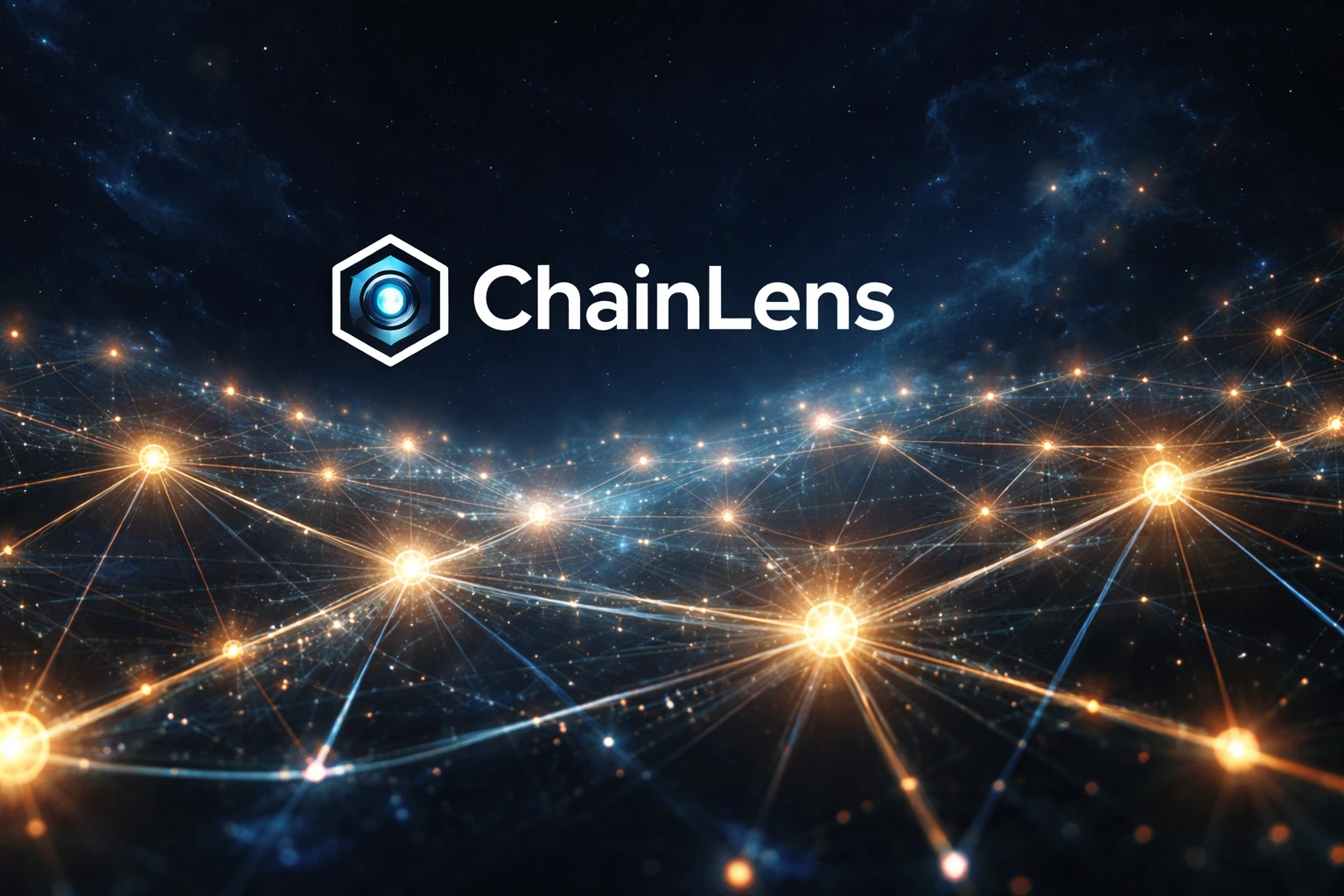 OG image for a crypto analytics dashboard "ChainLens", abstract blockchain network visualization, deep space blue with glowing gold nodes, premium dat — GPT Image 2