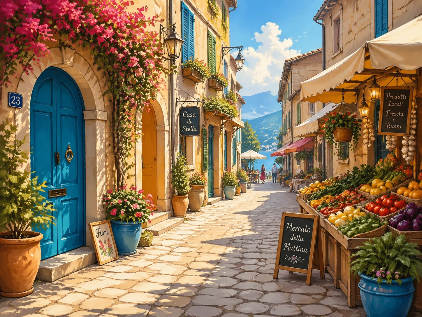 Charming illustrated market street in a Mediterranean village, colorful doors and flower pots, warm afternoon light — GPT Image 2