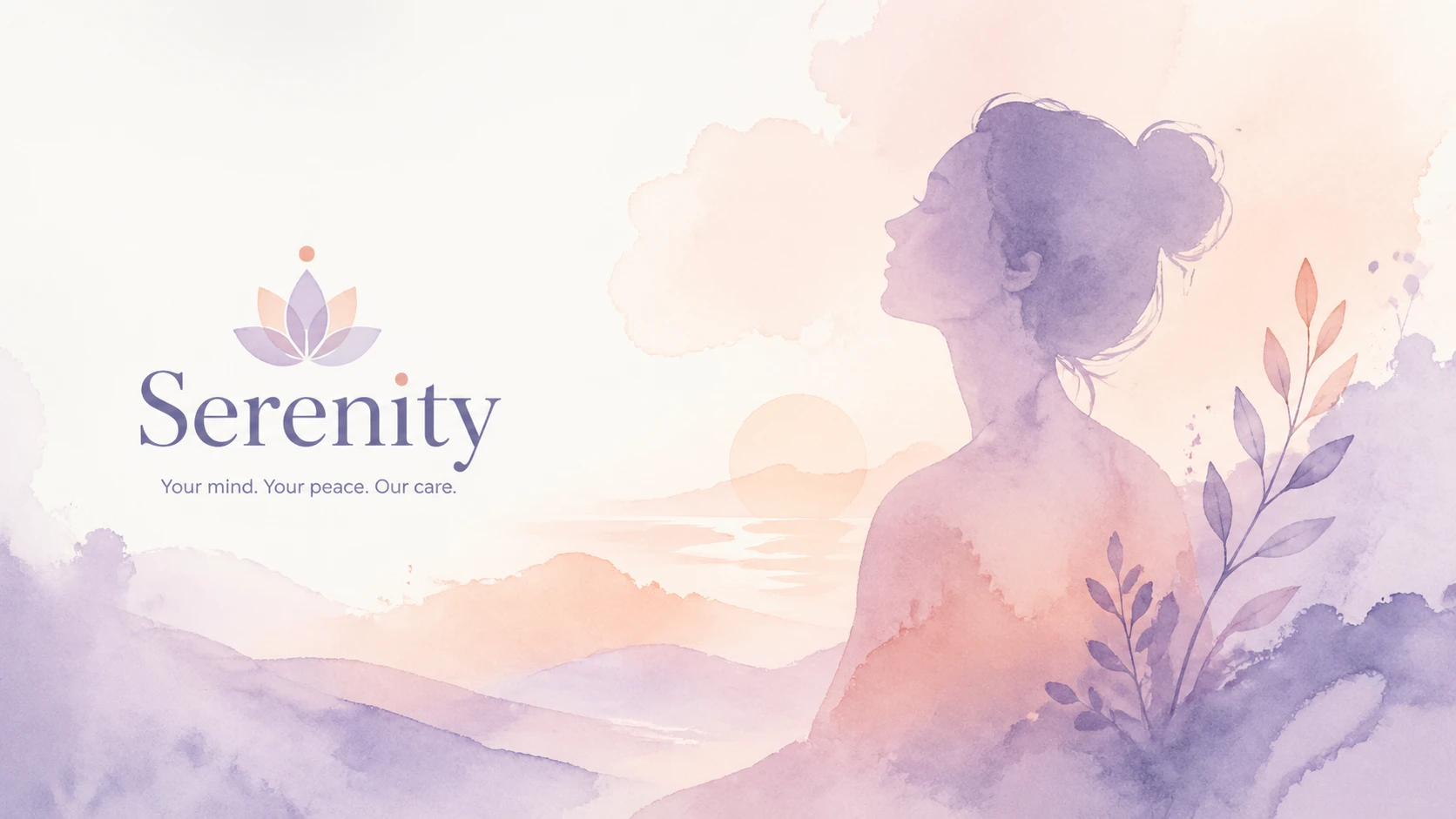 OG image for a mental health platform "Serenity", pastel watercolor wash with gentle abstract human silhouette, calming lavender and peach tones — GPT Image 2