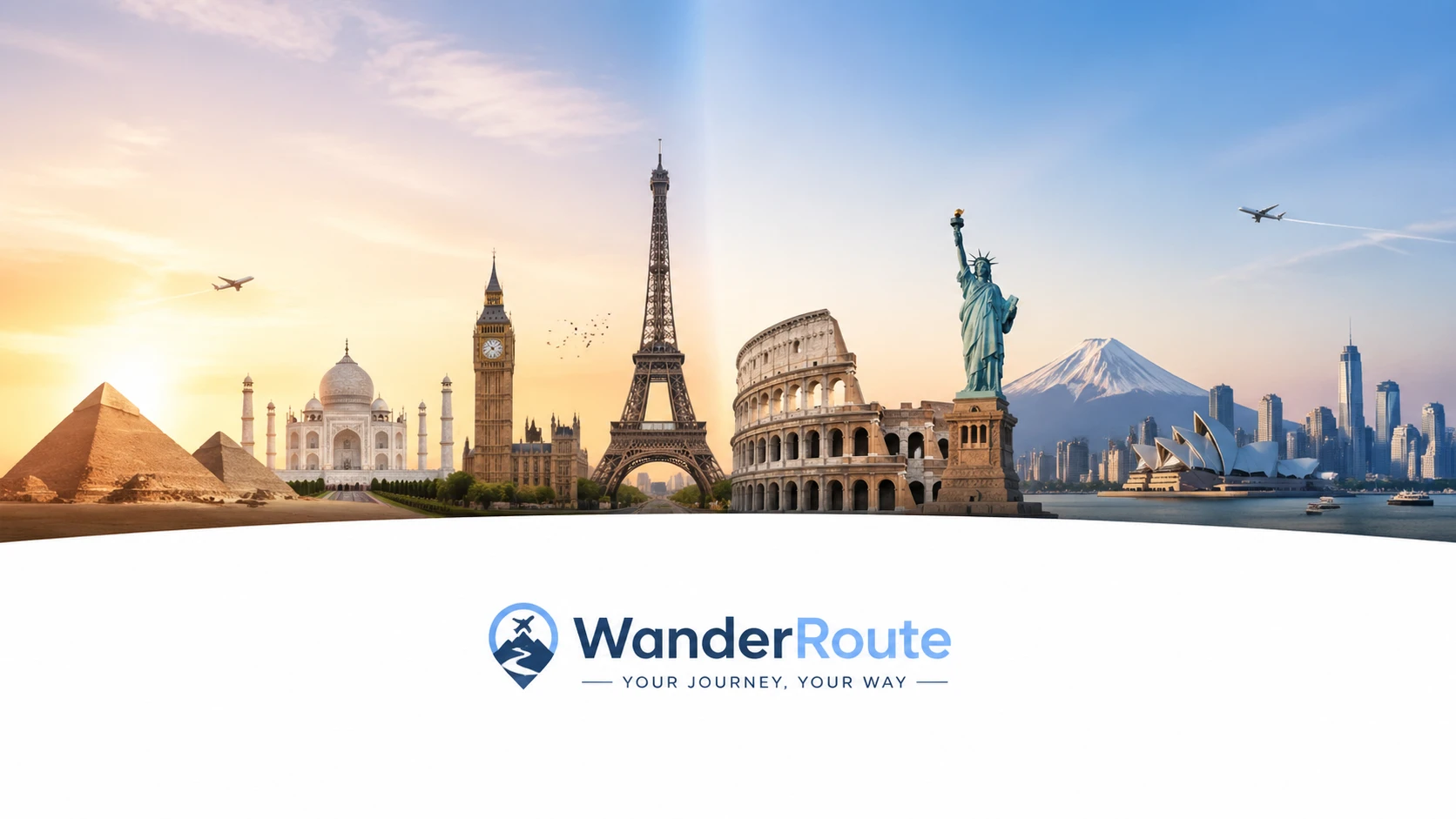 OG image for a travel booking platform "WanderRoute", split panorama of iconic global landmarks, soft gradient sky, clean white text area at bottom — GPT Image 2