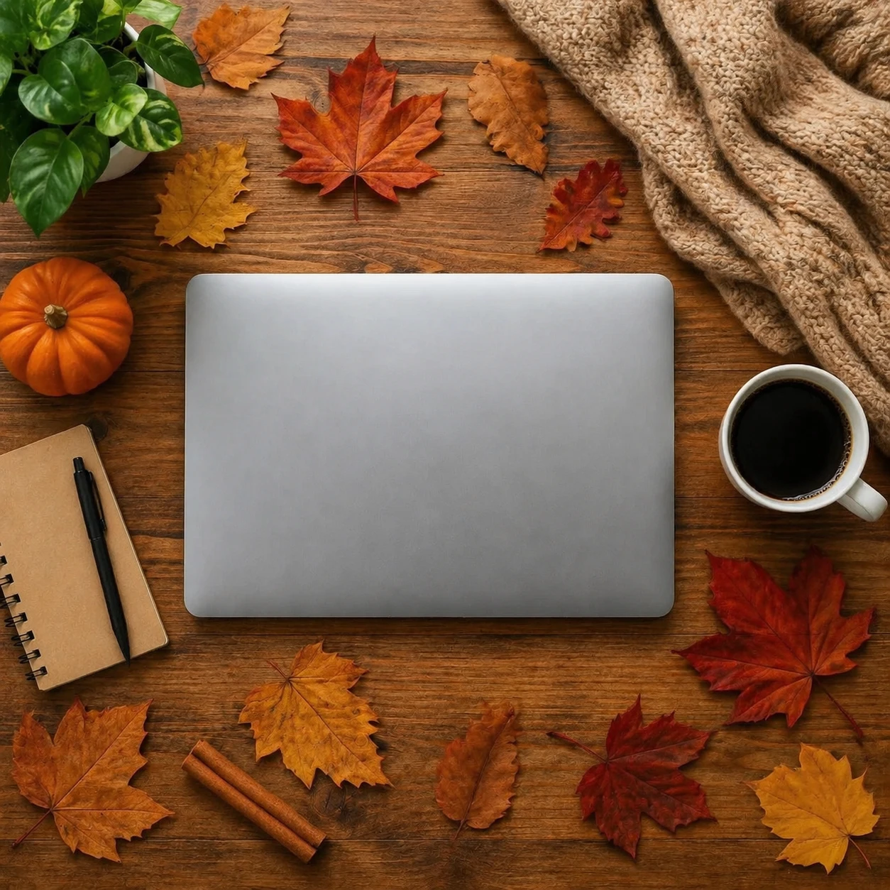Add scattered autumn leaves, a small pumpkin, a cinnamon stick, and a cozy knitted blanket draped over a corner — GPT Image 2