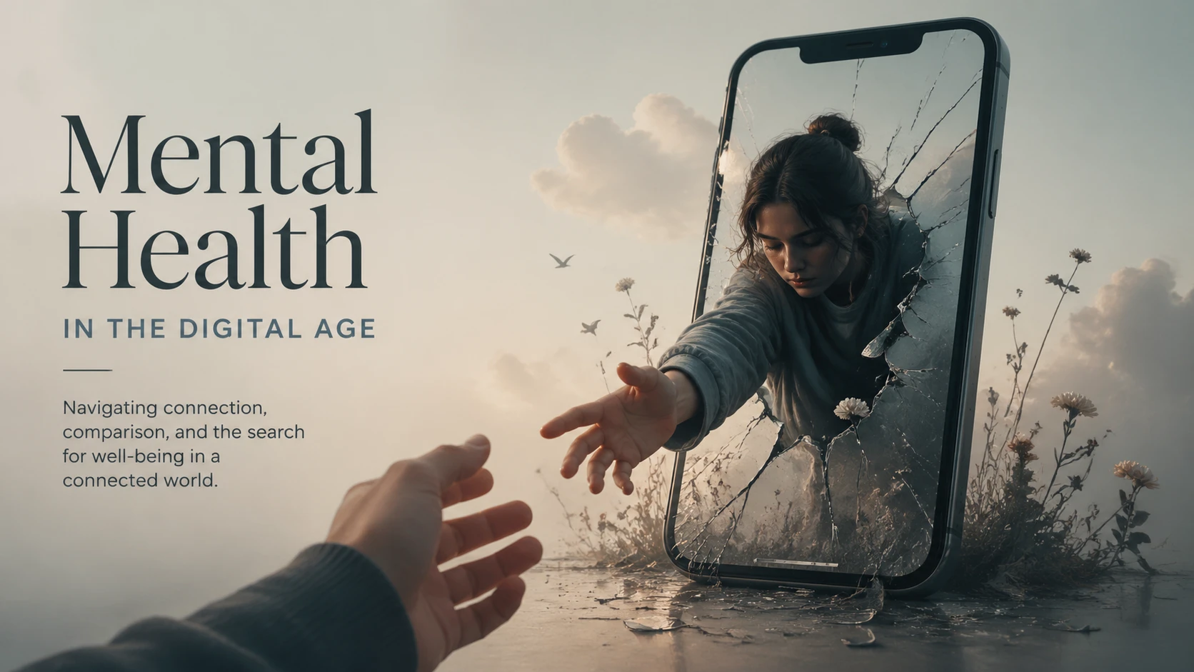 Article cover for "Mental Health in the Digital Age", person reaching through a cracked phone screen, surreal conceptual art, soft muted tones — GPT Image 2