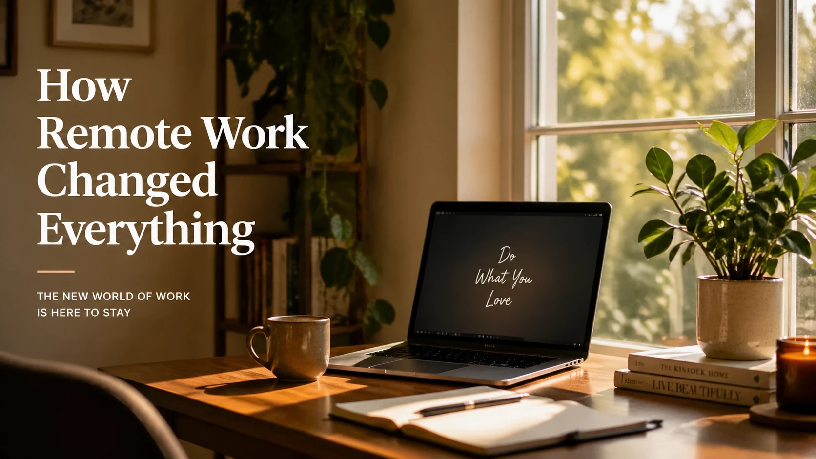 Article cover for "How Remote Work Changed Everything", cozy home office with plant and laptop by window, warm afternoon light, editorial photography  — GPT Image 2