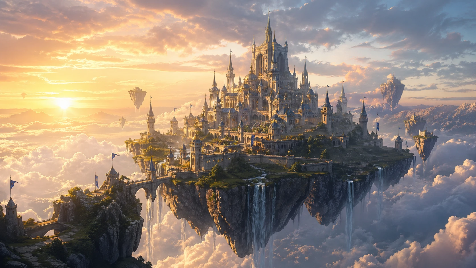 Epic fantasy castle perched on a floating island above clouds, sunrise light, detailed matte painting — GPT Image 2