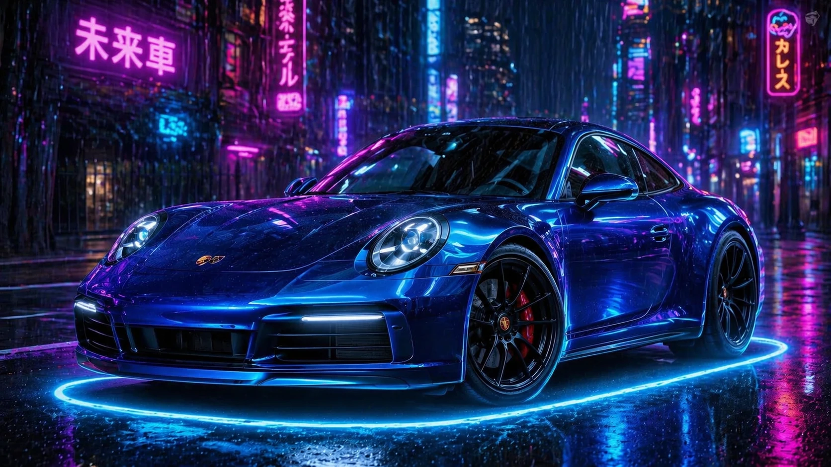 Change the car color to electric blue metallic, add glowing neon ground effects, cyberpunk night city background with rain — GPT Image 2
