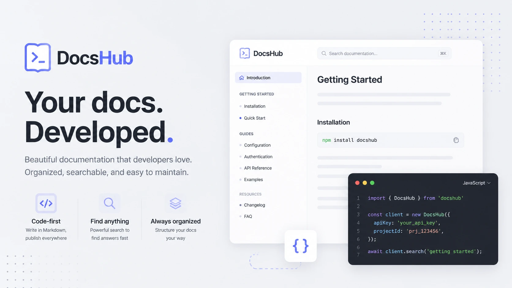 OG image for a developer documentation site "DocsHub", clean sans-serif typography mockup on soft gray, code snippet style decorative elements — GPT Image 2