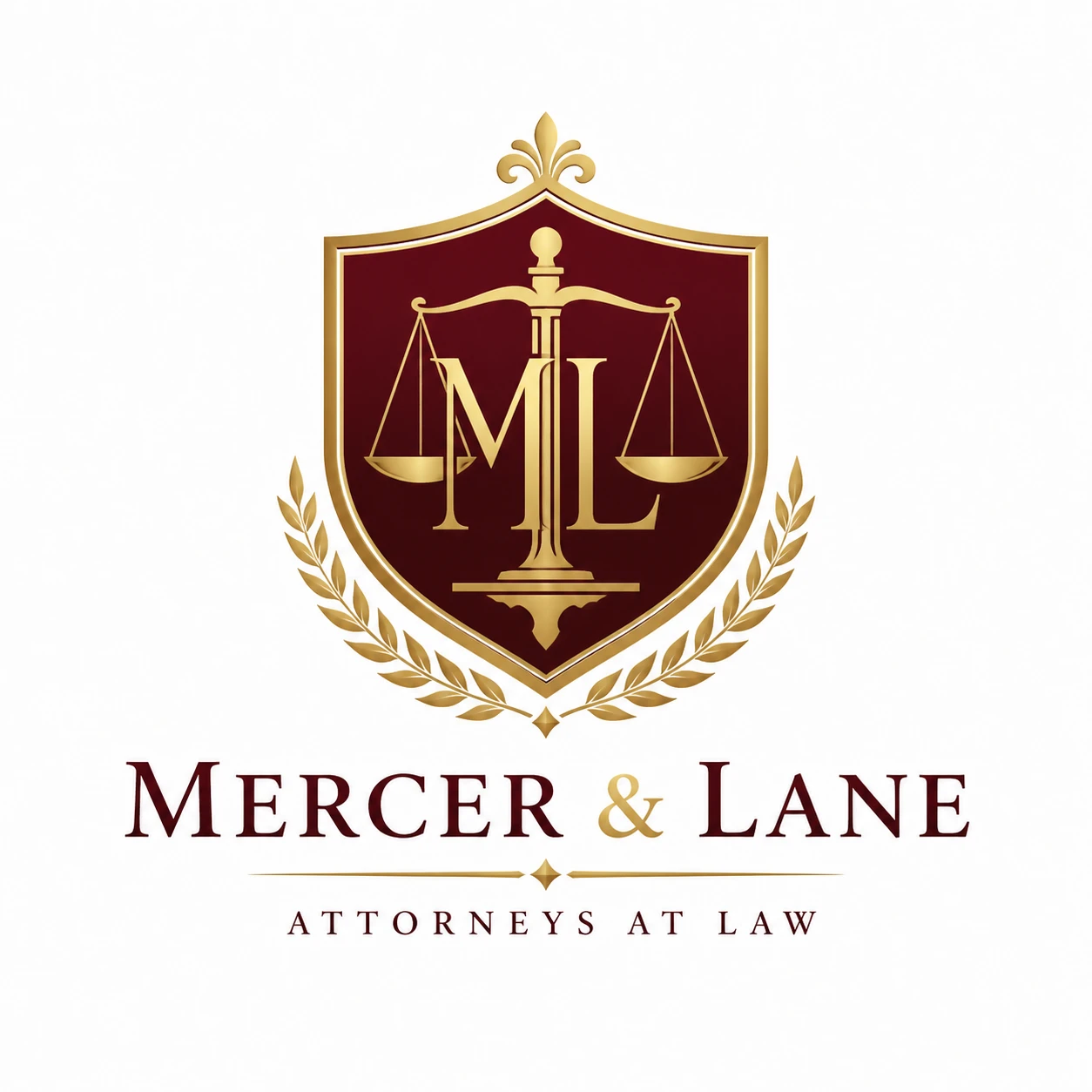Sophisticated logo for a law firm "Mercer & Lane", balance scales integrated with a shield crest, deep burgundy and gold, white background — GPT Image 2