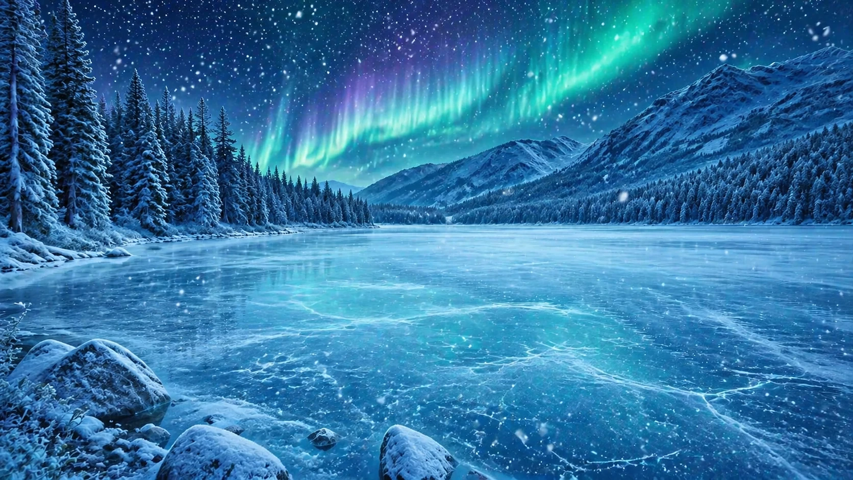 Transform the scene to a magical winter wonderland, add heavy snowfall, freeze the lake surface, add northern lights in the sky — GPT Image 2
