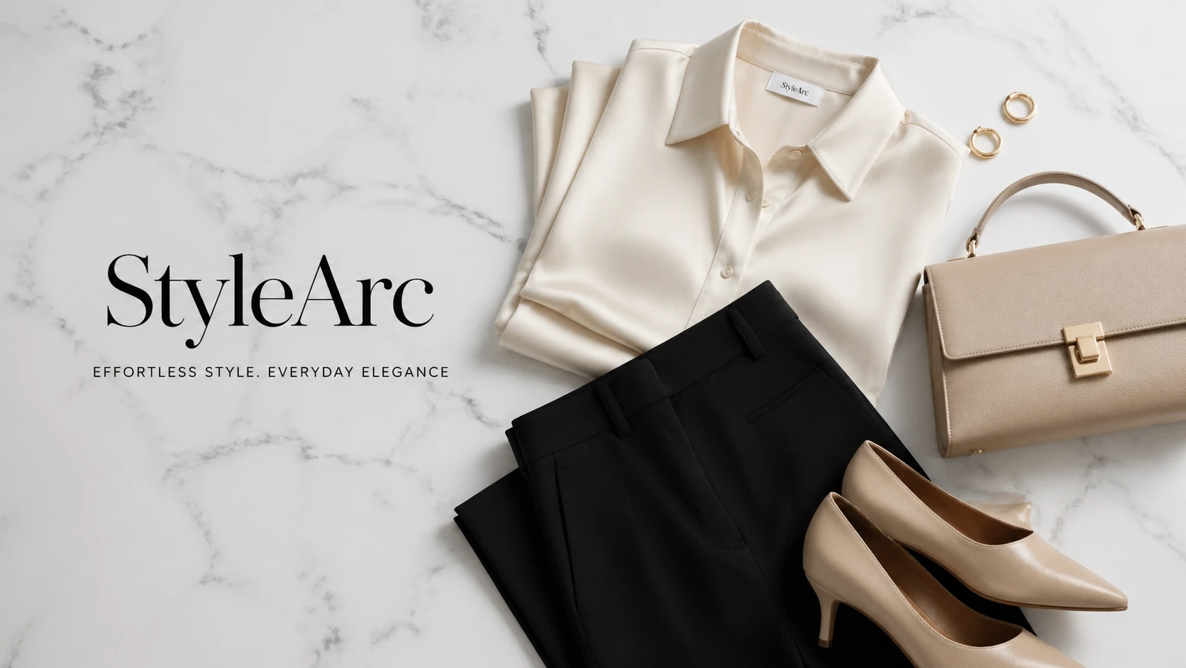 OG image for an e-commerce fashion brand "StyleArc", elegant editorial flat lay of minimalist clothing on white marble, luxury fashion aesthetic — GPT Image 2