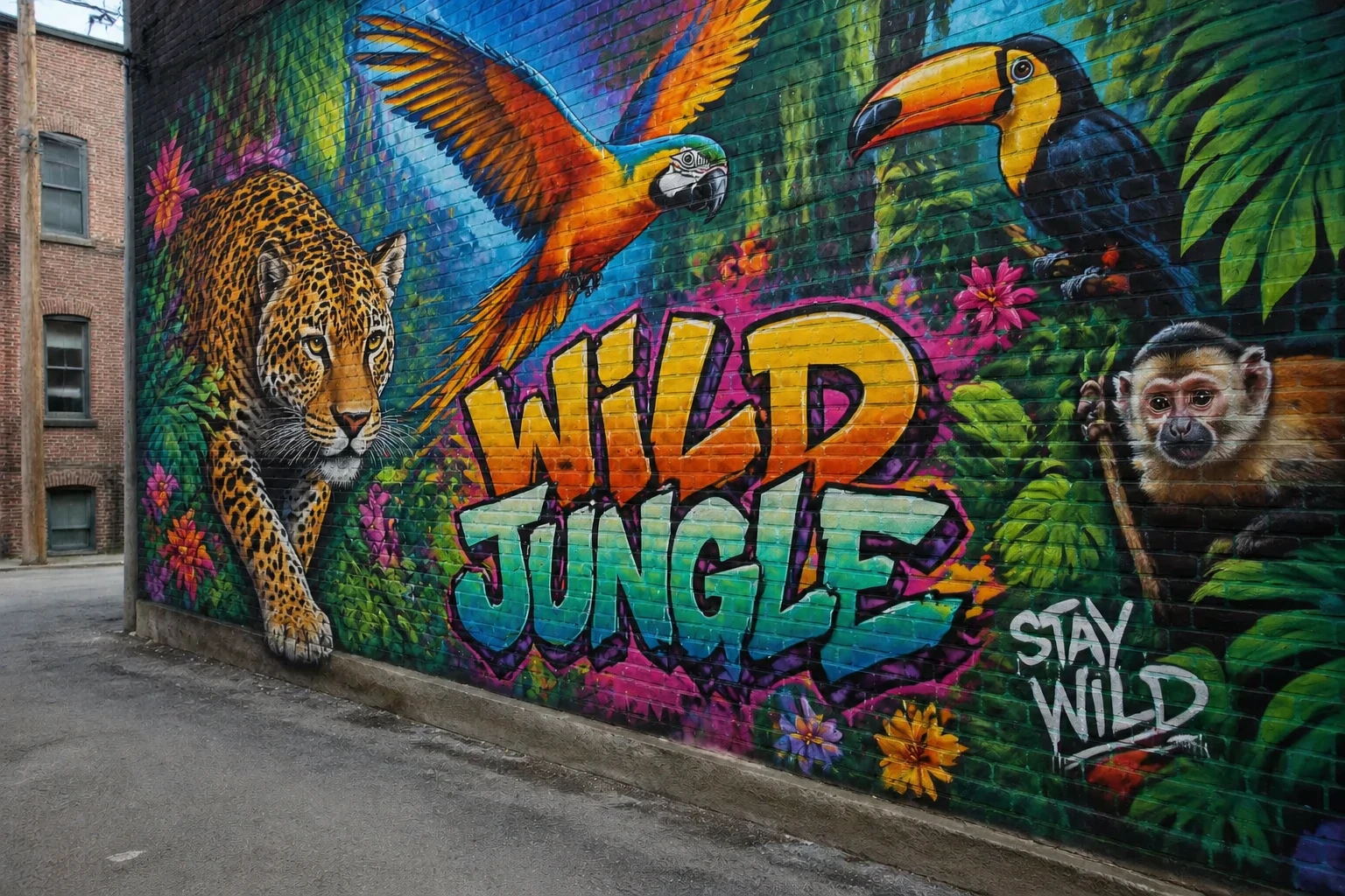 Add a stunning large-scale street art mural of a colorful jungle with exotic animals, vibrant graffiti style — GPT Image 2