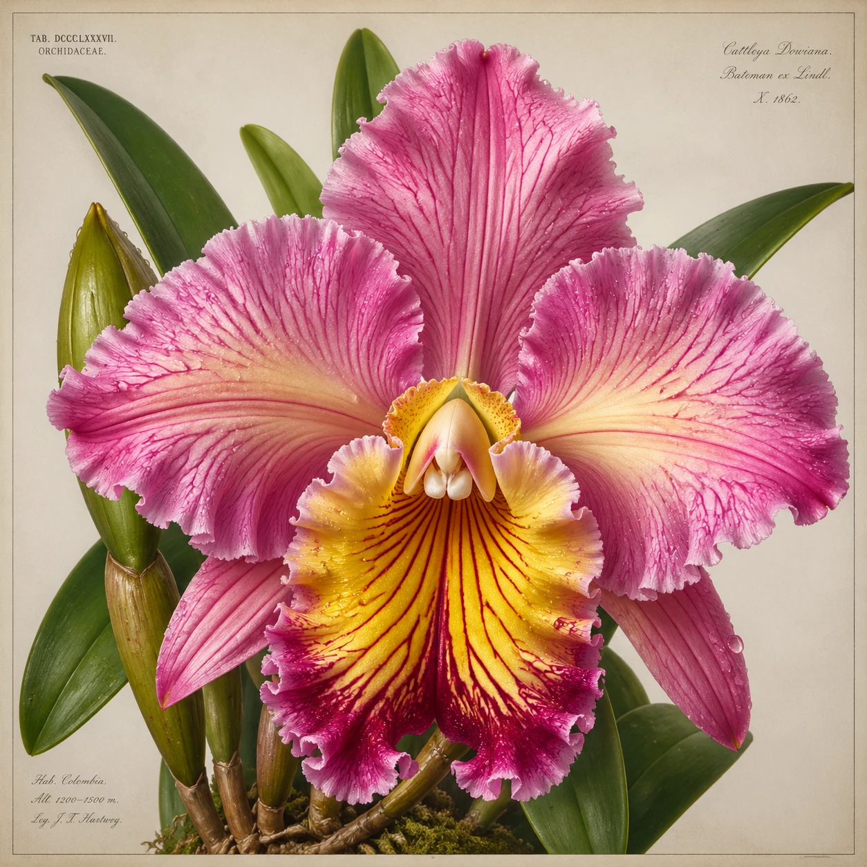 Hyper-detailed botanical illustration of a exotic tropical orchid in full bloom, dew-kissed petals in vibrant pinks and yellows, intricate vein patter — GPT Image 2