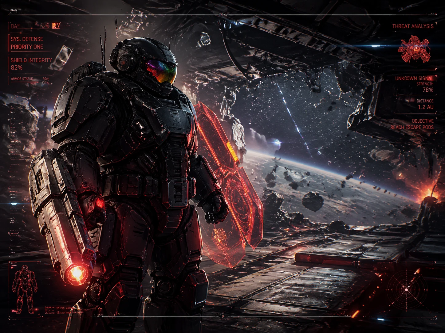 Futuristic sci-fi armor set: bulky exosuit for a space marine, matte black ceramite plates with red glowing energy shields and plasma cannon arm mount — GPT Image 2