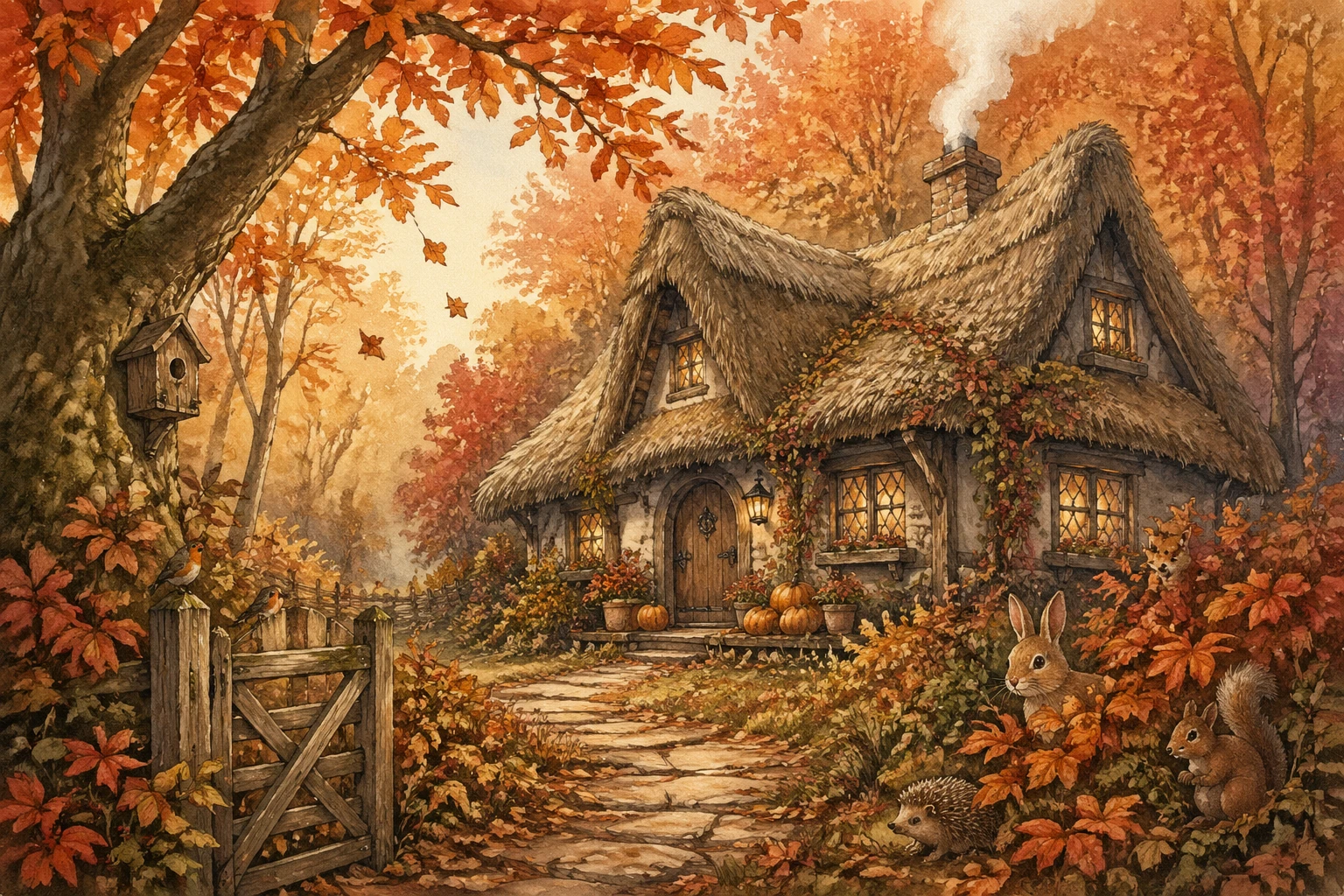 Cozy children's book watercolor scene of a thatched cottage in autumn woodland, smoke curling from chimney, pumpkins on porch, woodland creatures peek — GPT Image 2