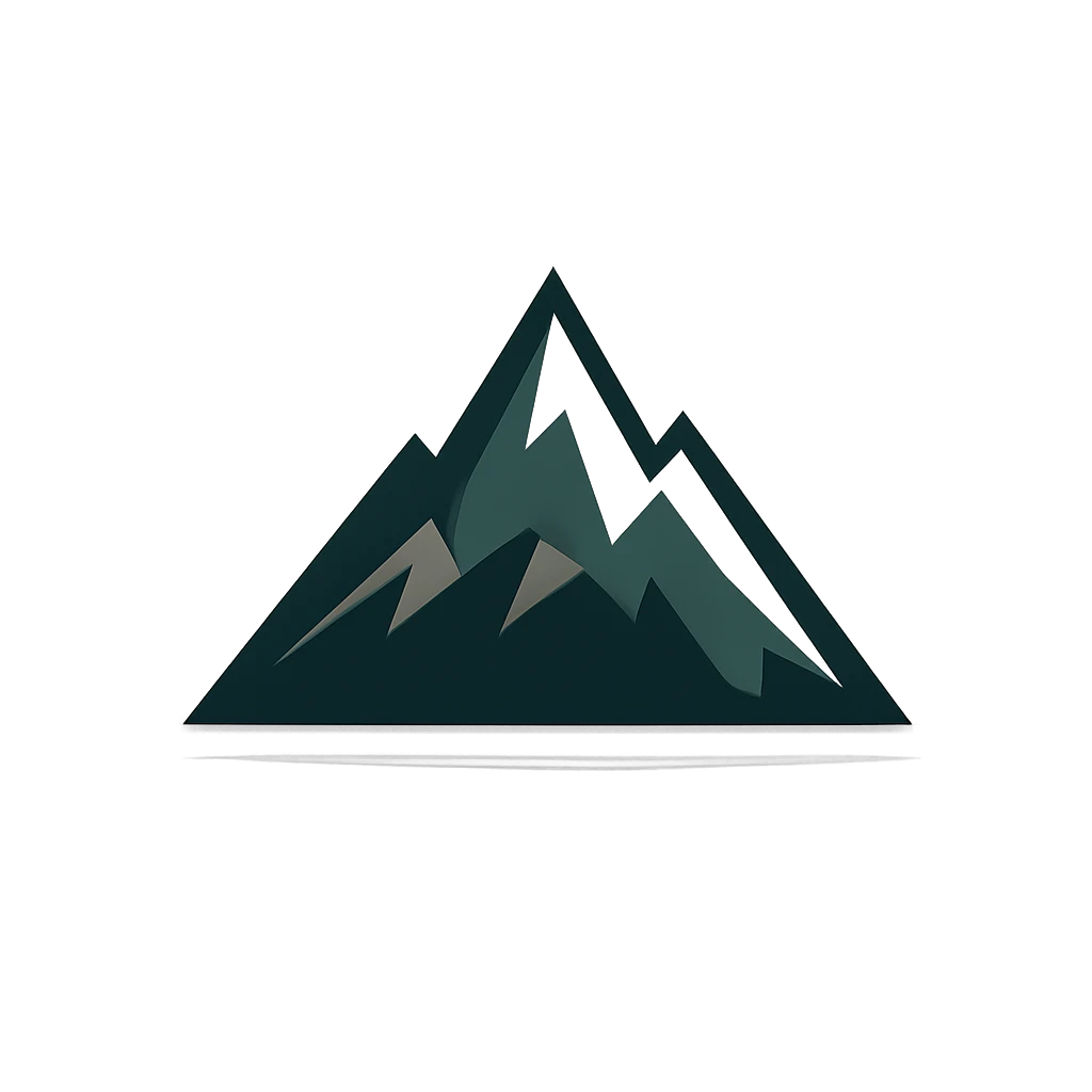 Minimalist vector logo design for a hiking app icon, featuring a sharp, stylized mountain peak with three jagged tiers in deep forest green and slate  — GPT Image 2