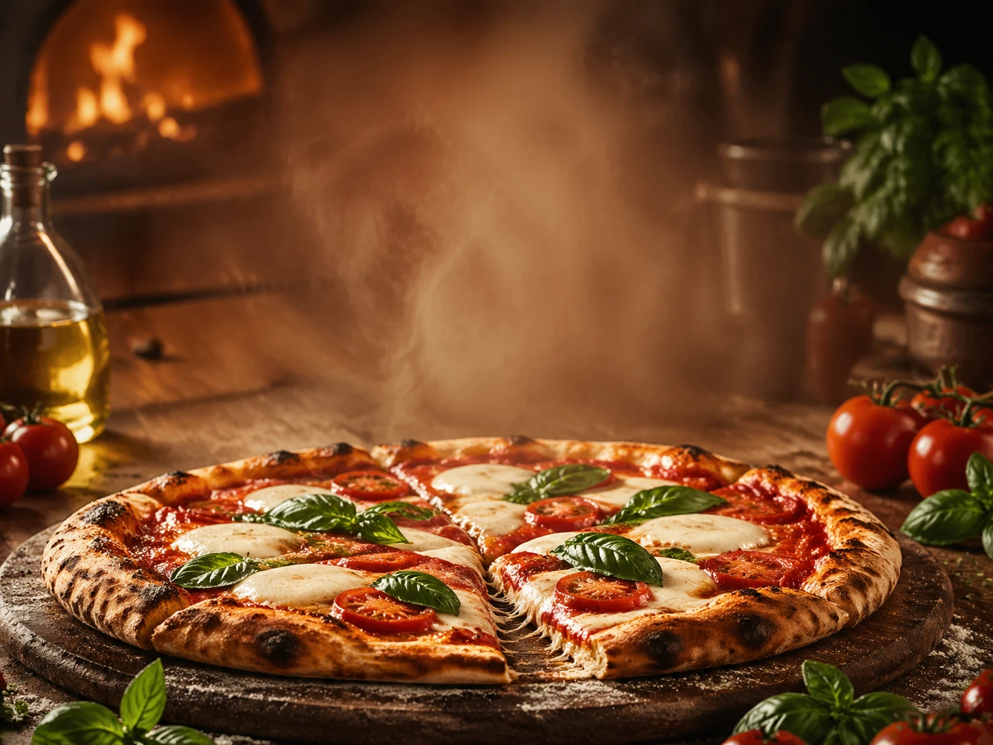 Gourmet pizza promotion ad featuring a steaming wood-fired Margherita pizza sliced on rustic wooden table, oozing fresh mozzarella, basil leaves, ripe — GPT Image 2