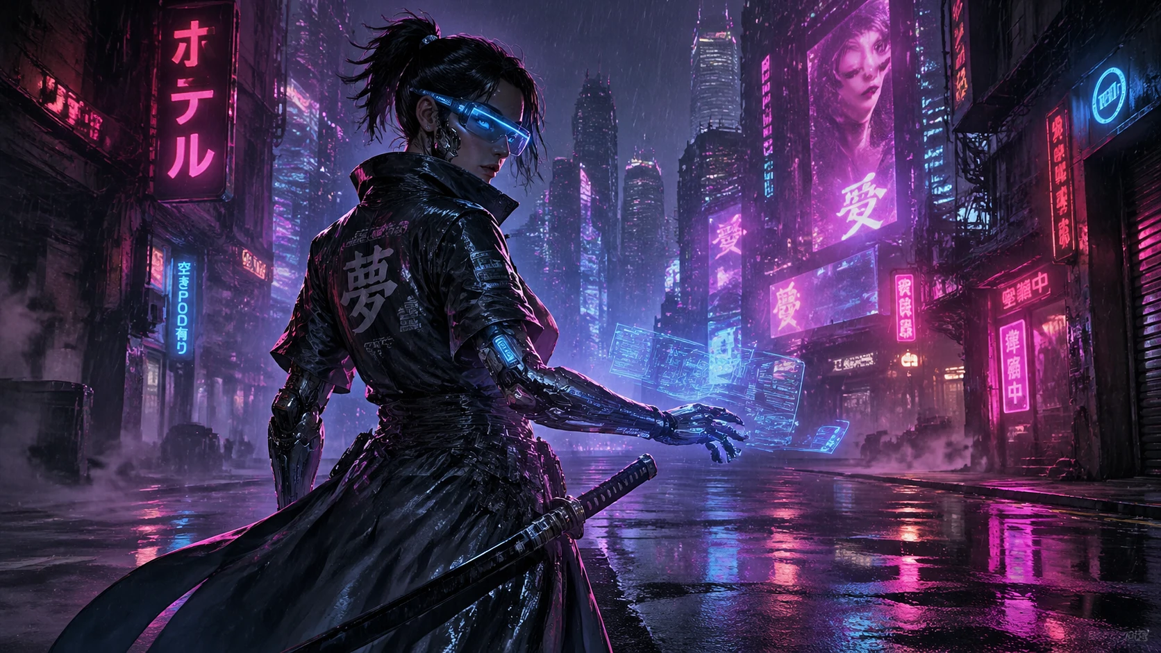 Sci-fi concept art of a sleek cyberpunk hacker in a neon-drenched rainy alley, slim figure in high-tech trench coat with holographic interfaces projec — GPT Image 2