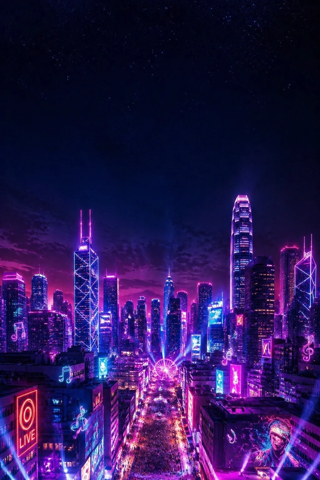 Infuse the skyline with electric purple and pink neon glows emanating from buildings, add floating holographic music notes and subtle stage spotlights — GPT Image 2