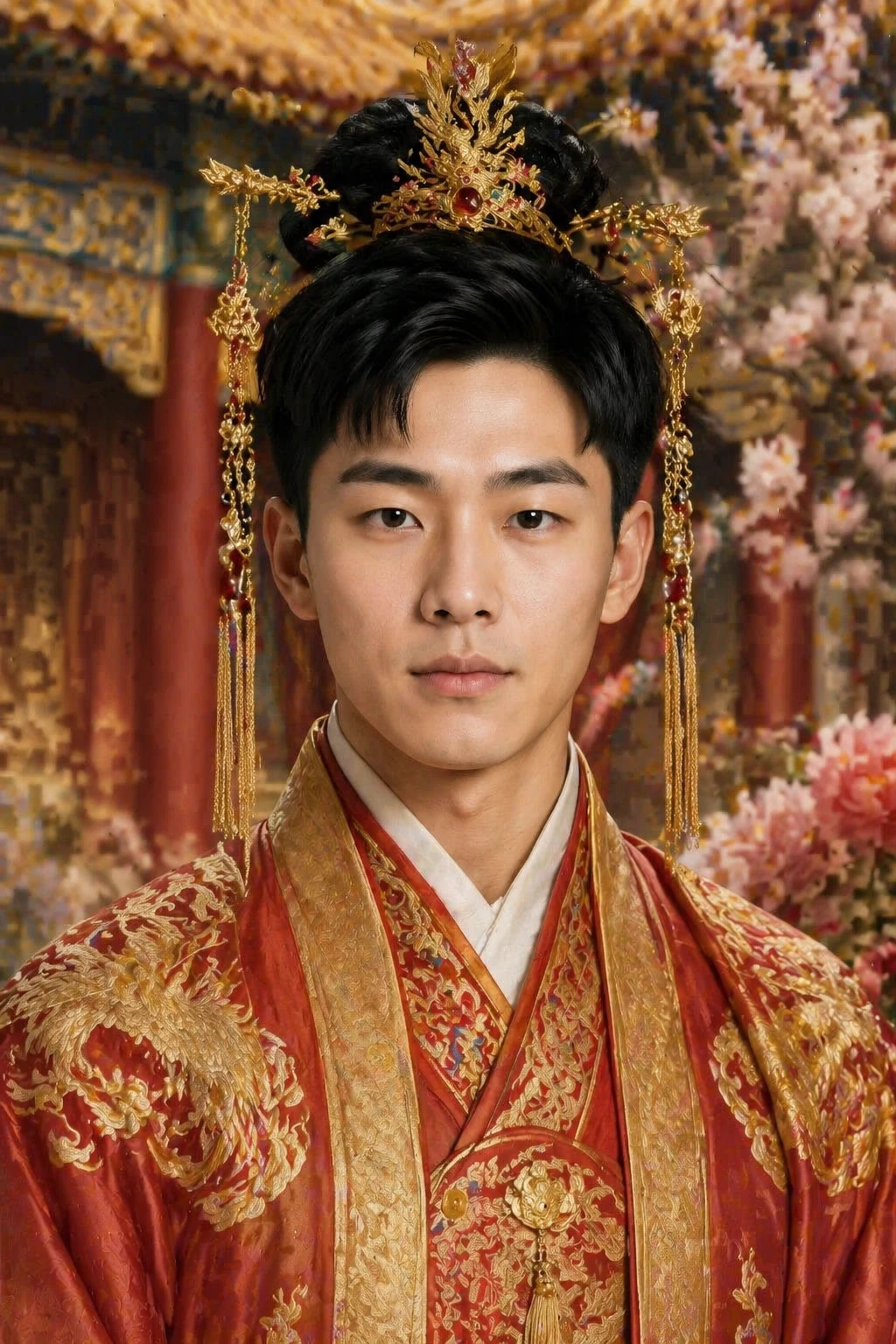 dress this person in elegant Tang dynasty court attire, luxurious embroidered robes in rich red or golden colors, elaborate hair ornaments with flower — GPT Image 2