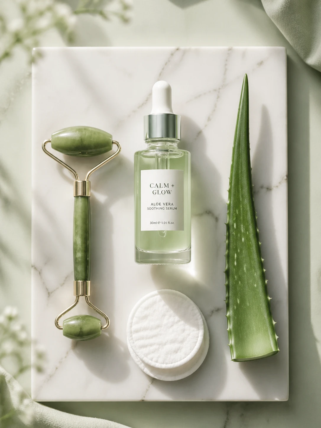 Minimalist skincare routine showcase for Instagram carousel: elegant glass dropper bottle of serum, jade roller, fresh green aloe vera leaf, and cotto — GPT Image 2
