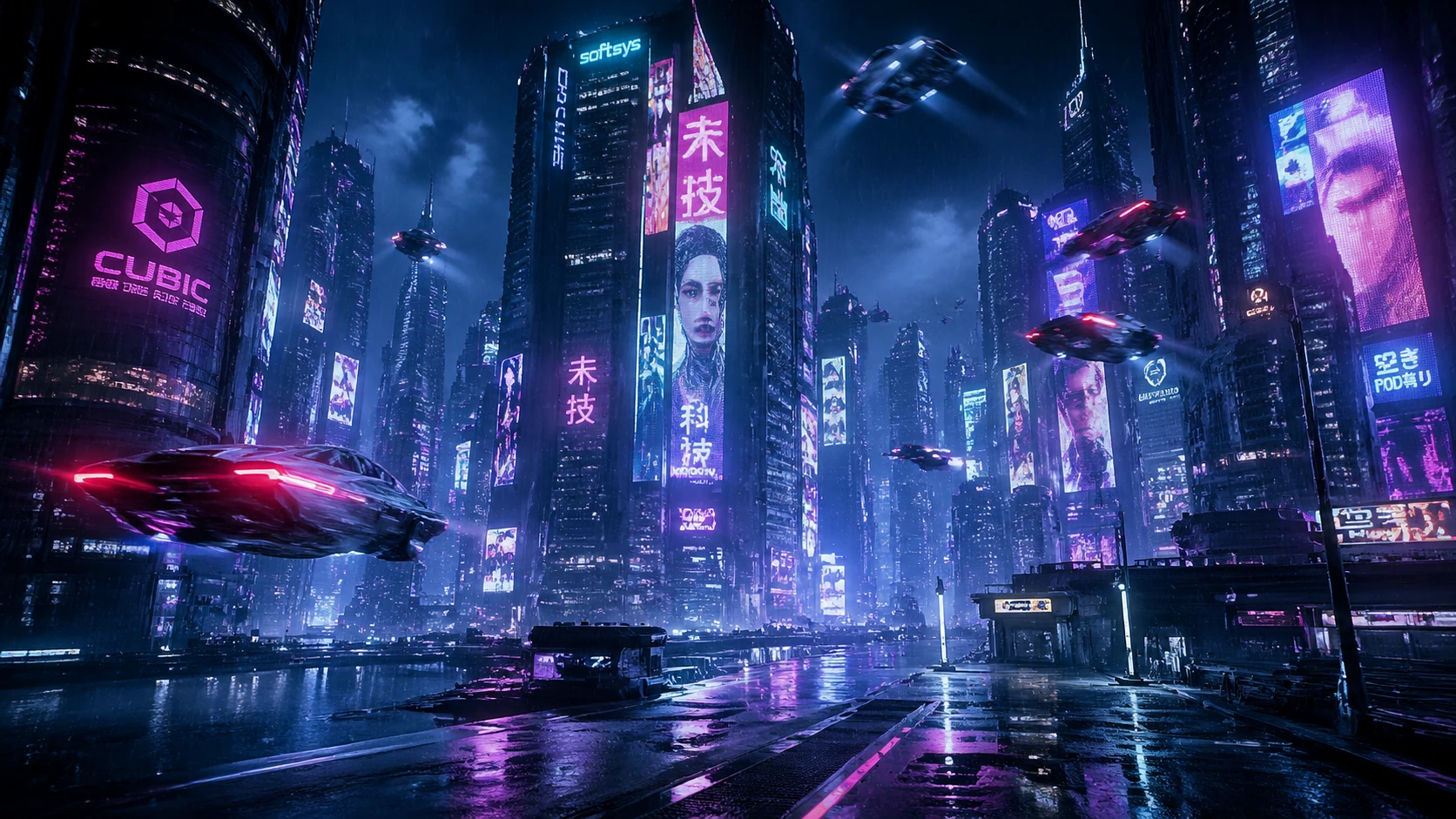 Futuristic cyberpunk cityscape at midnight, towering skyscrapers adorned with neon pink, blue, and cyan holograms and advertisements. Flying vehicles  — GPT Image 2