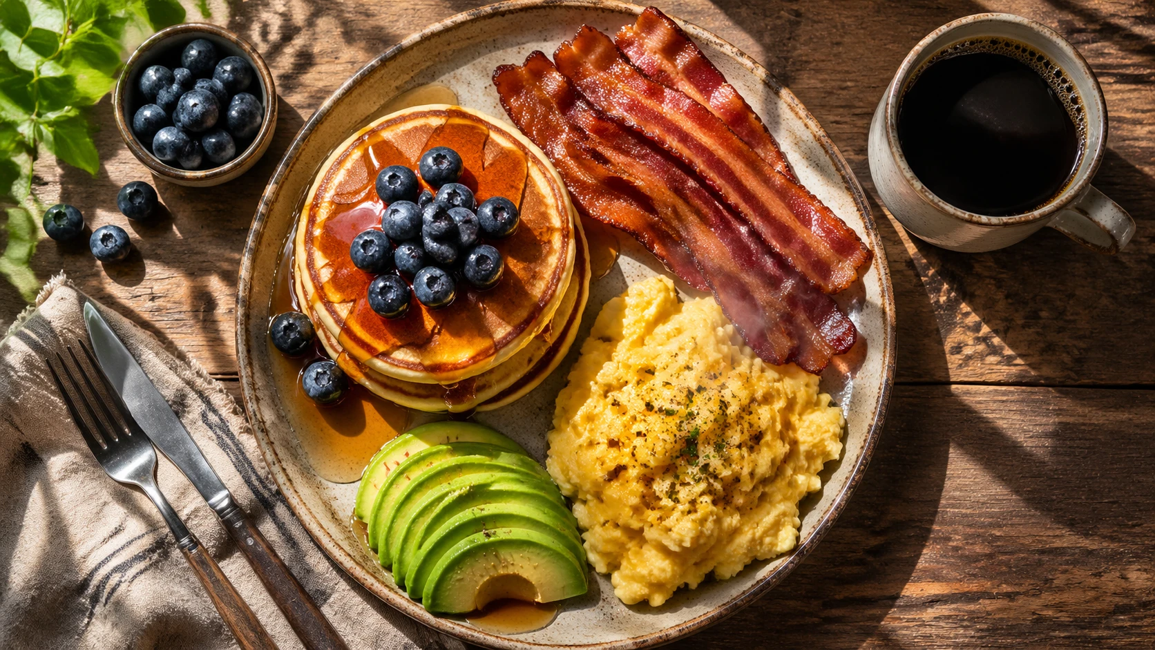 Professional food photography of a vibrant flat-lay breakfast spread on a rustic wooden table: golden pancakes stacked high with fresh blueberries, ma — GPT Image 2