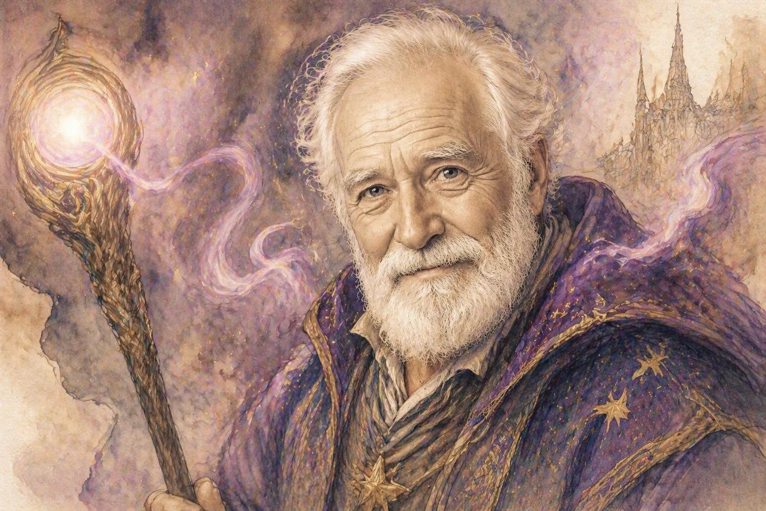 Reimagine as mystical wizard portrait in watercolor fantasy art, add flowing arcane robes with star embroidery, glowing staff held subtly off-frame, e — GPT Image 2