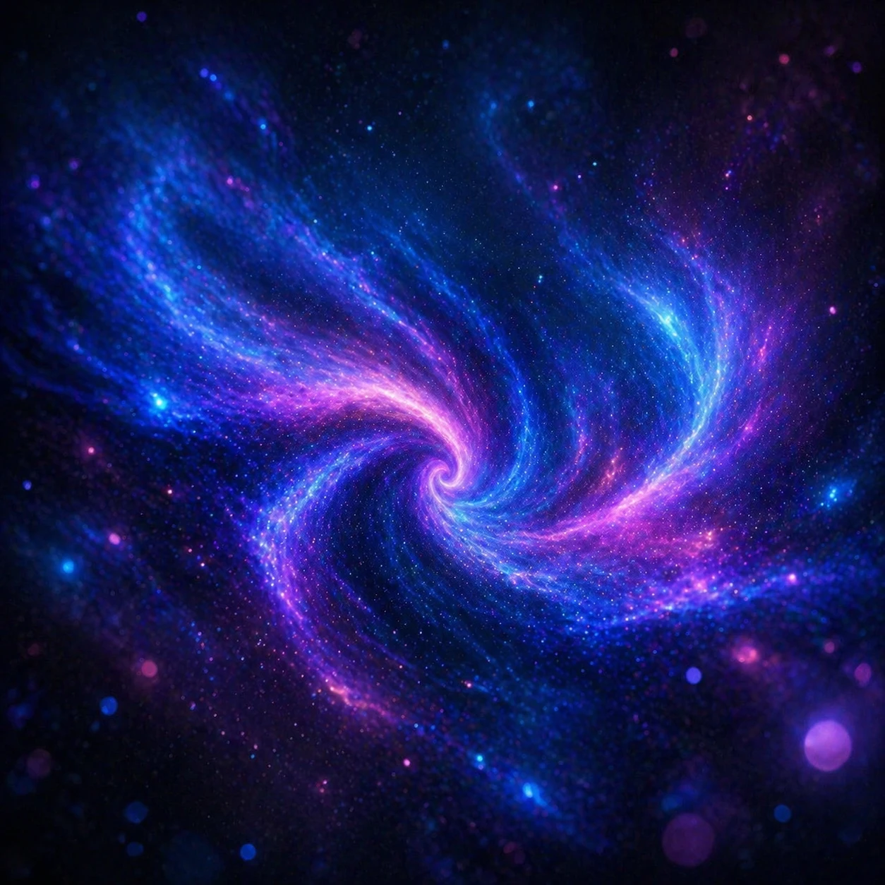 Infuse with swirling iridescent nebulae in electric blue, purple, and pink hues forming ethereal galaxy spirals, add glowing particle effects and soft — GPT Image 2