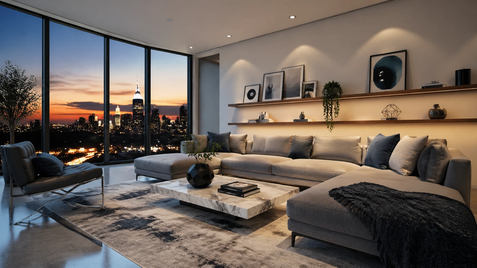 A spacious modern living room with floor-to-ceiling windows overlooking a city skyline at dusk, featuring a sleek gray L-shaped sectional sofa, marble — GPT Image 2