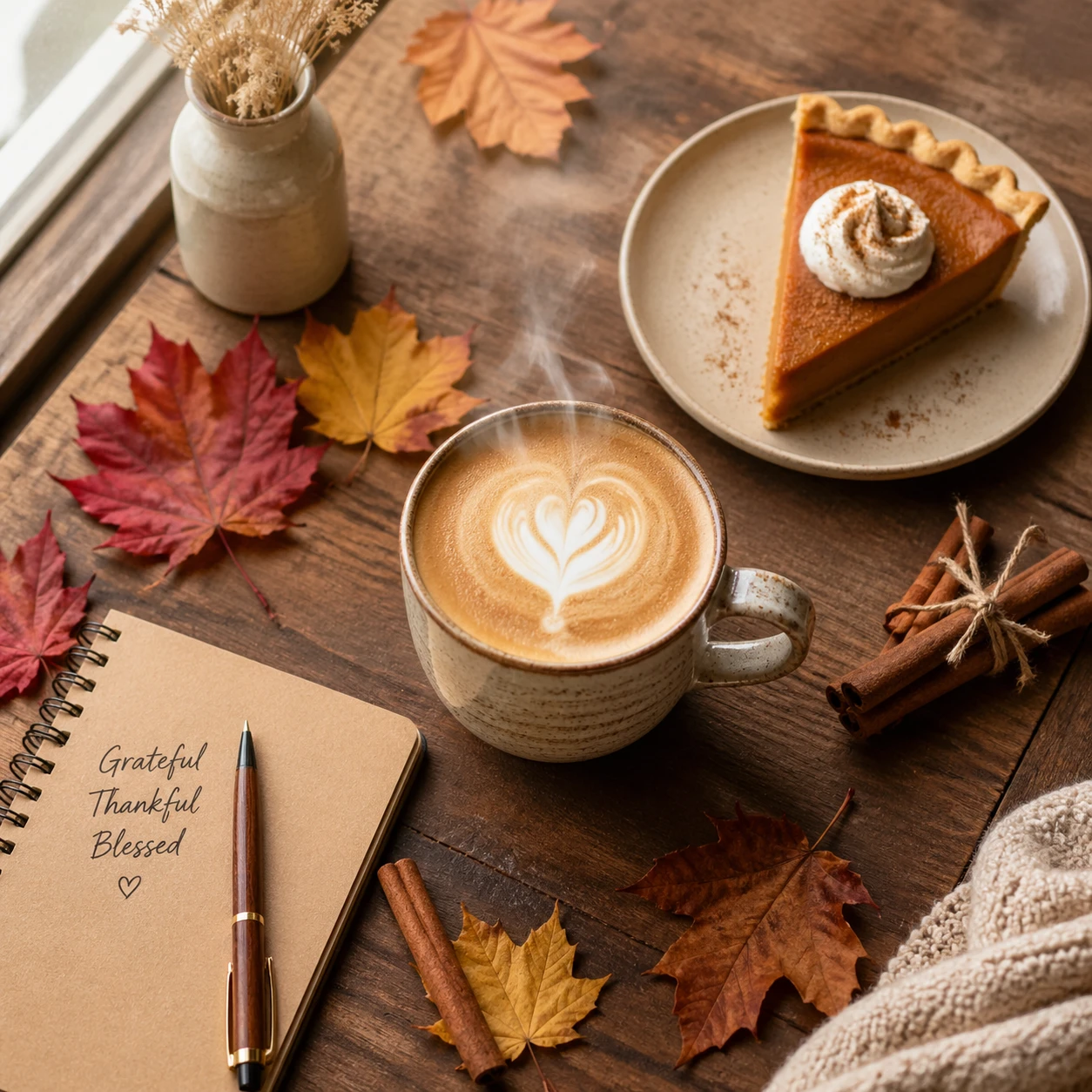 Cozy aesthetic flatlay for Pinterest: steaming latte in a ceramic mug with latte art heart, surrounded by scattered autumn leaves, cinnamon sticks, a  — GPT Image 2