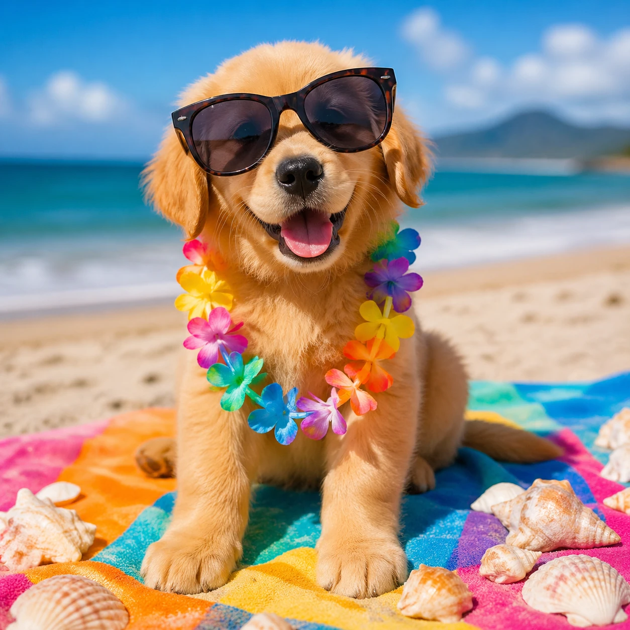 Fun pet lover's delight for Xiaohongshu feed: adorable golden retriever puppy wearing oversized sunglasses and a Hawaiian lei, sitting on a colorful b — GPT Image 2