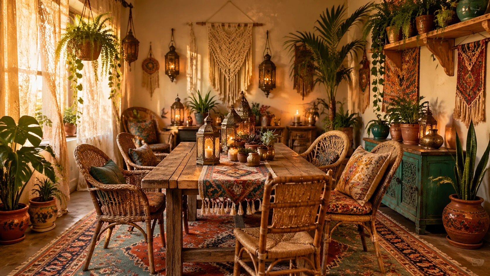 Bohemian dining room featuring a reclaimed wood farmhouse table surrounded by mismatched rattan chairs, macrame wall hangings, colorful woven rugs, po — GPT Image 2