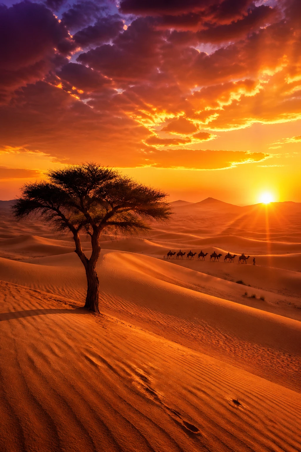 Dramatic desert dunes at sunset, endless golden sands sculpted by wind into rippling waves under a fiery orange and purple sky. Lone acacia tree in fo — GPT Image 2